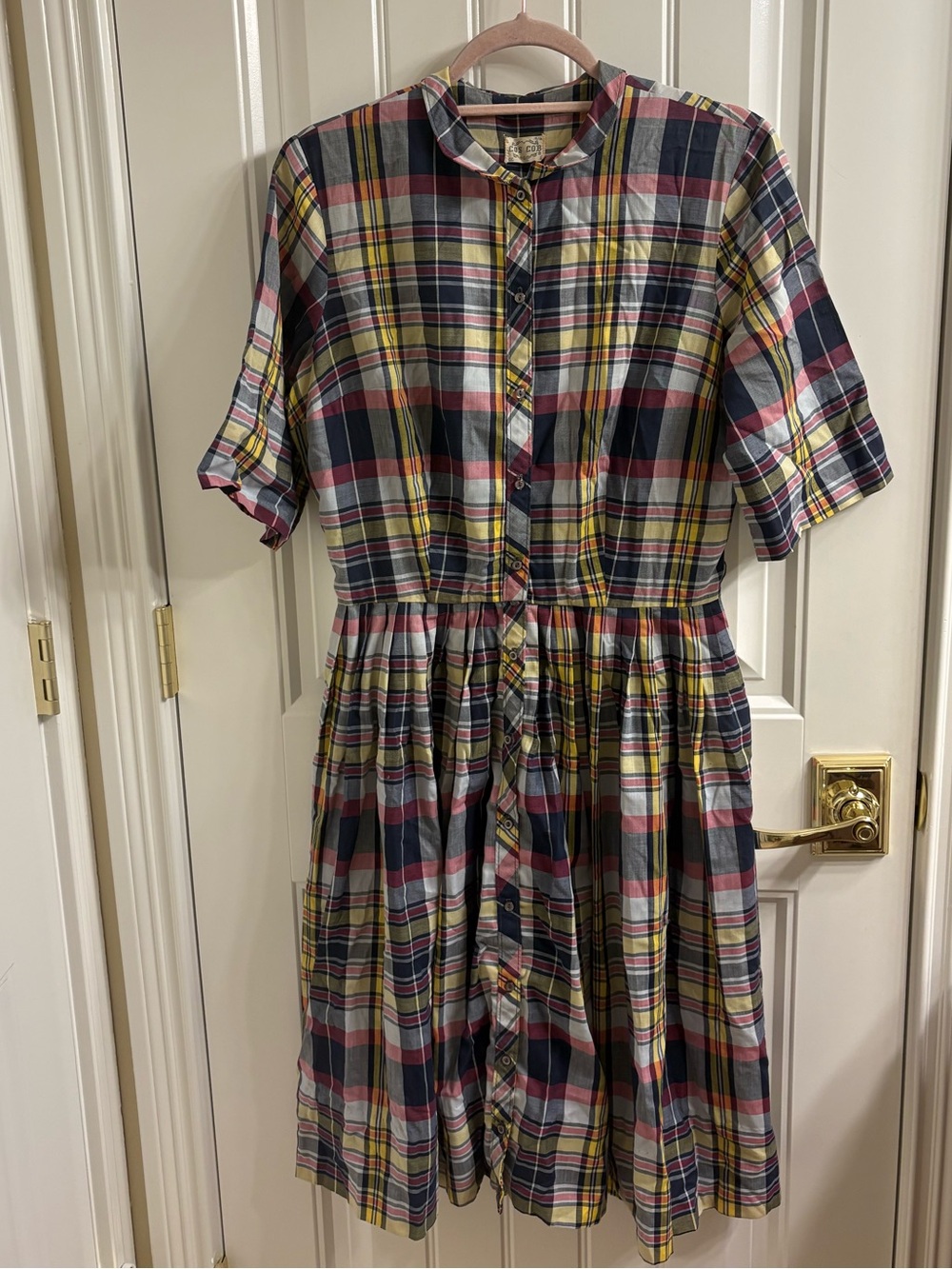 Cos Cob Vintage Mid Century Blue Yellow Plaid Shirt Dress Fit n Flare 15/16 L